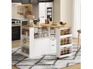 Îlot de cuisine 115x50x92 cm blanc et naturel, plateau rotatif extensible