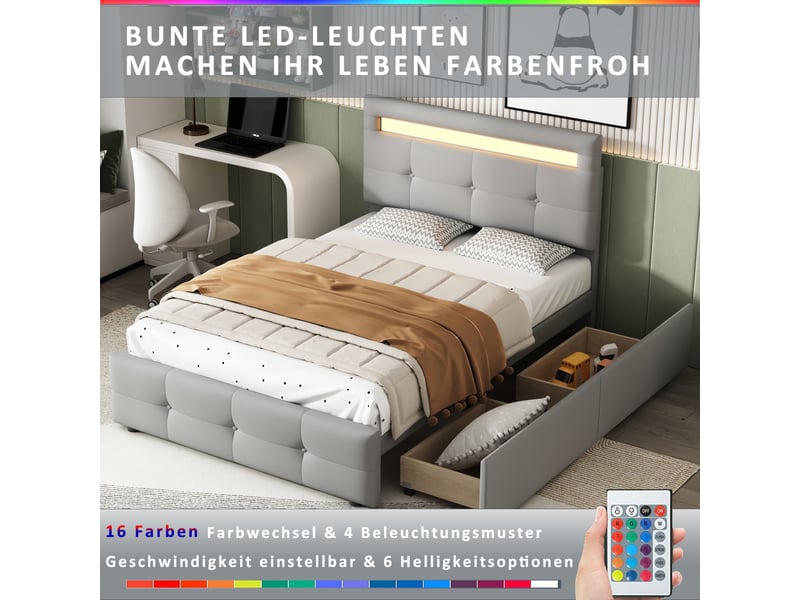 Lit simple 90x200 cm en tissu gris, led, 2 tiroirs de rangement, lit enfant et ado - Conforama B