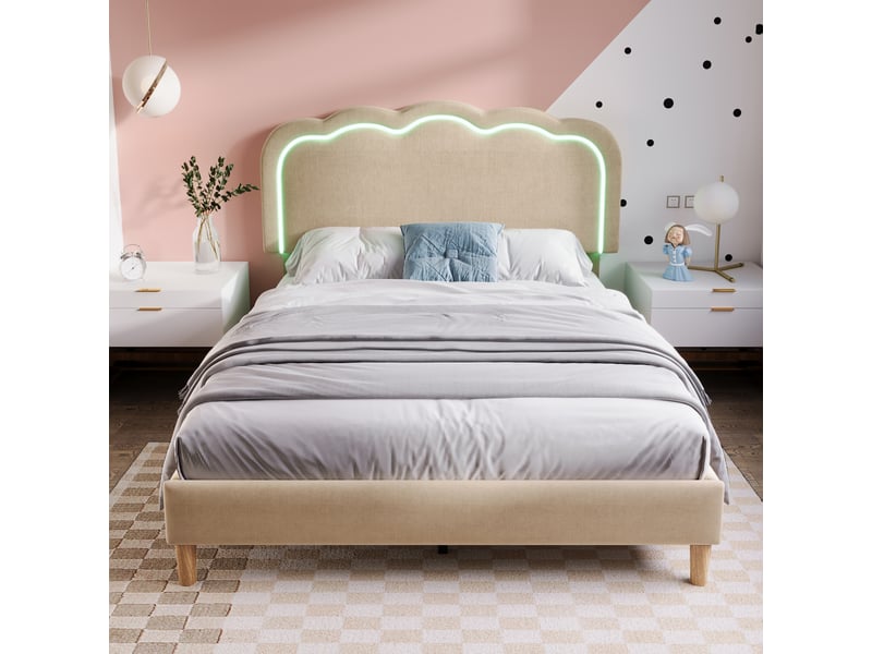  Lit rembourré en lin beige 140x200 cm  - Conforama E