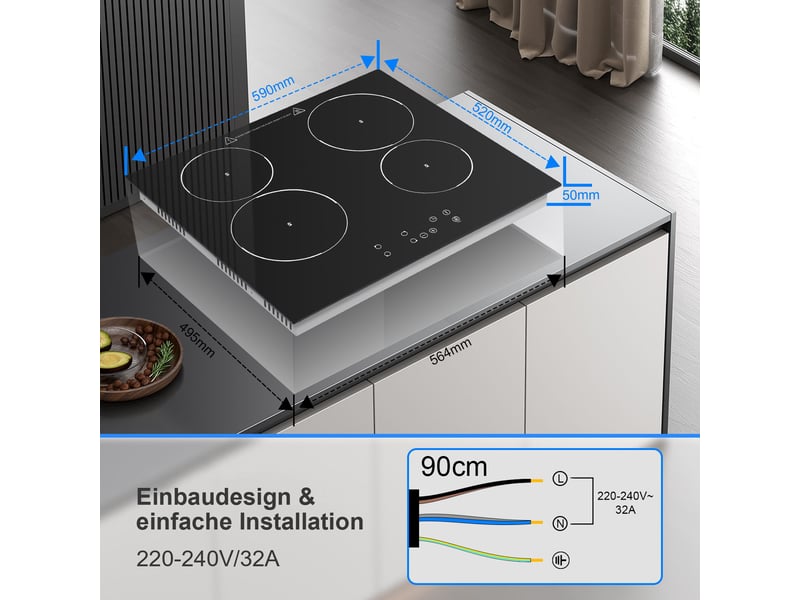 Plaque vitrocéramique 4 foyers encastrable 6000 w, table de cuisson 60 cm avec commandes tactiles et minuterie 1 à 99 min - Conforama C