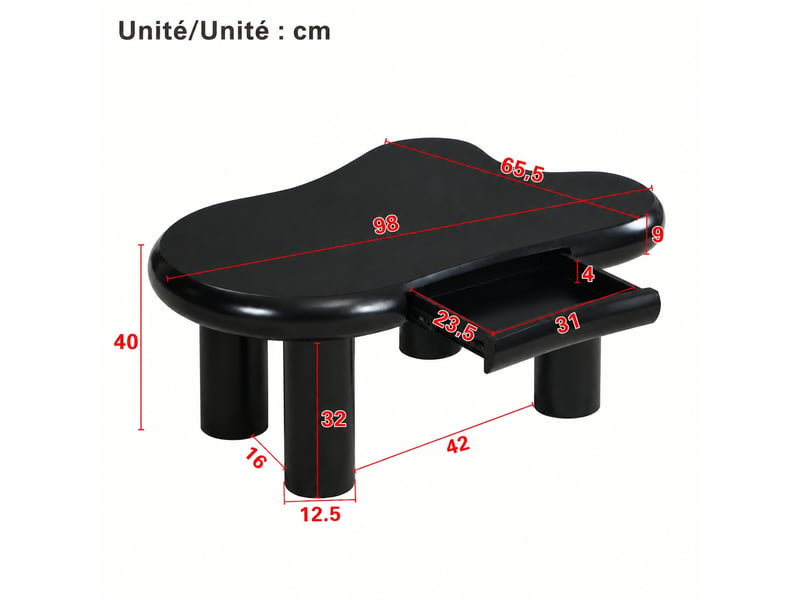  Table basse noire en forme de nuage avec tiroir et éclairage led 16 couleurs, 98 x 65,5 x 40 cm  - Conforama C