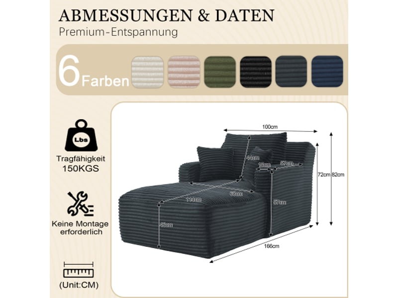  Chaise longue moderne en velours côtelé – canapé-lit confortable, fauteuil relax sans montage, salon  - Conforama C