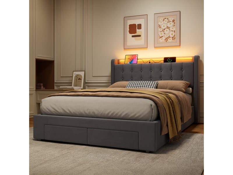  Lit rembourré ulevr 140x200 cm avec 2 tiroirs, éclairage led, ports usb, sommier hydraulique, velours  - Conforama D