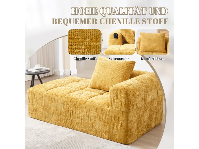  Canapé méridienne jaune en chenille avec coussin inclus et poches latérales pratiques, 158x90x60 cm  - Conforama R