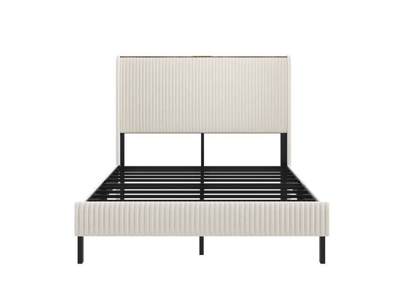  Lit double 180x200 cm avec sommier à lattes, lit double rembourré avec tête de lit en tissu, blanc, lit 2 personnes  - Conforama E