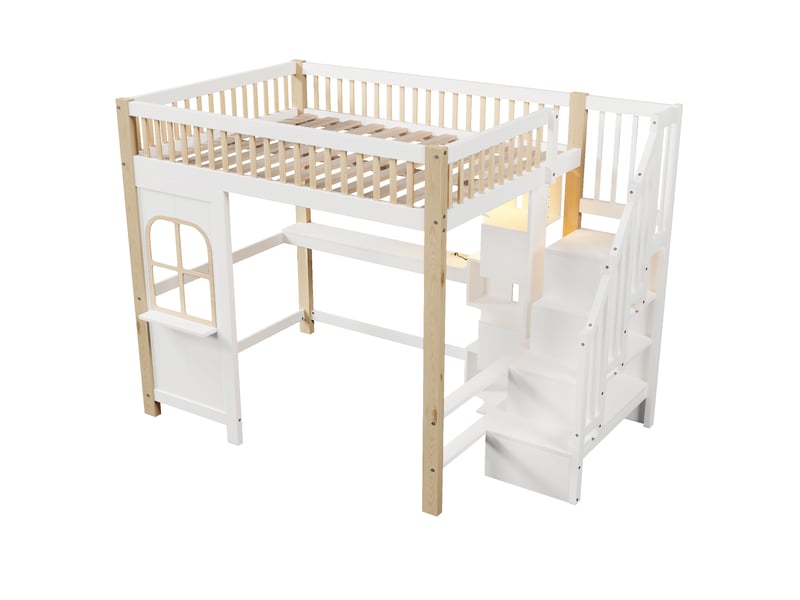 Lit mezzanine blanc et naturel 140x200 cm, led, bureau, prise et escalier-rangement - Conforama E