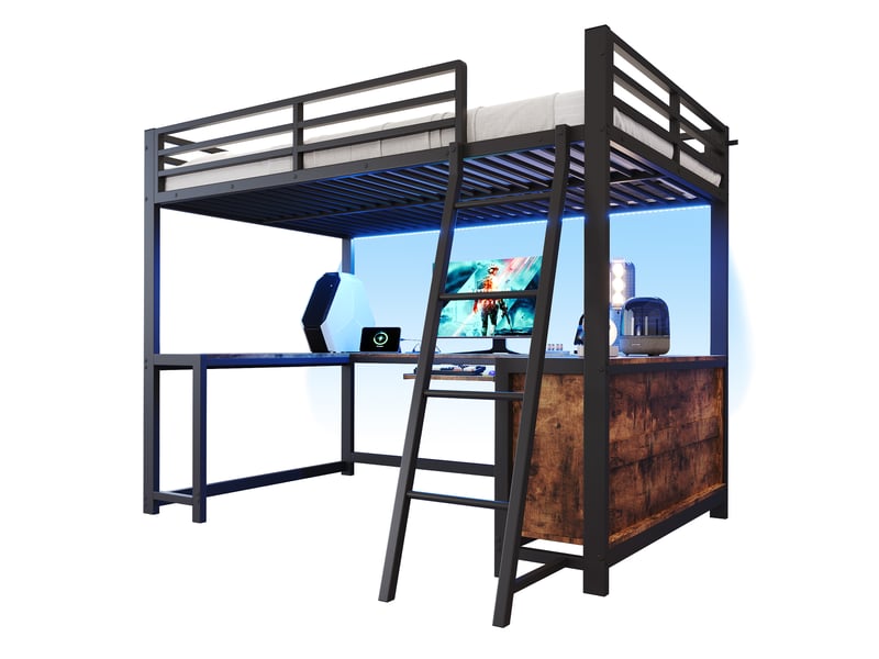  Lit mezzanine 120 x 200 cm avec bureau, led et rangement ouvert noir  - Conforama R