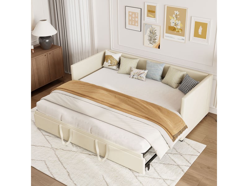  Lit de repos extensible, 90180 x 200 cm, canapé-lit, lit capitonné, revêtement en tissu lin, canapé-lit pour 2 adultes, sans matelas, beige  - Conforama B