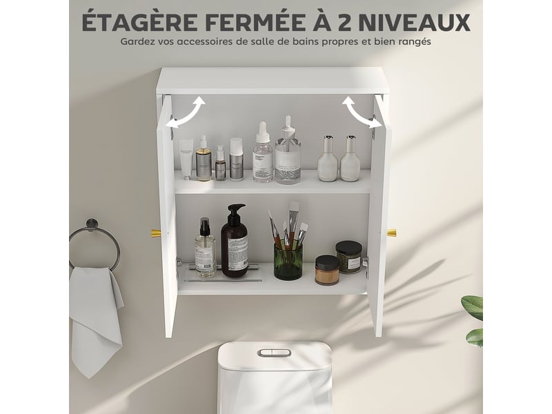  Armoire murale, meuble haut salle de bain moderne avec placard à double porte et poignées dorées, blanc, 60x20x60cm  - Conforama D