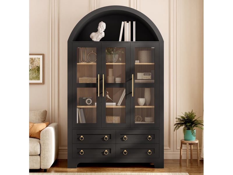 Buffet haut 3 portes vitrées et 4 tiroirs 110x40x185 cm noir - Conforama B