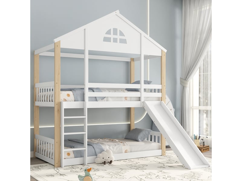  Lit superposé enfant avec fenêtres, échelle angulaire, toboggan et barrières, 90x200cm, blanc et naturel  - Conforama E
