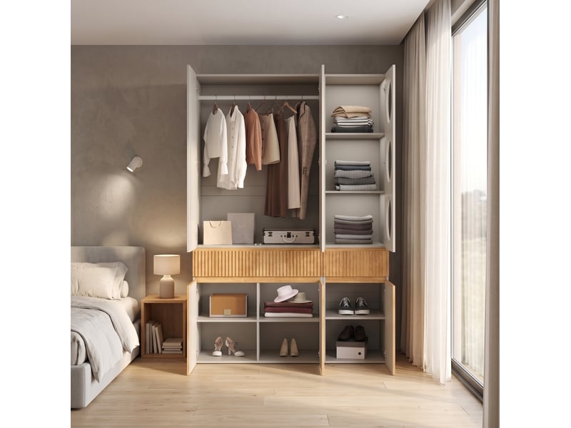  Armoire 6 portes modenvie avec penderie, 2 tiroirs et rangements, 135 x 50 x 200 cm, décor chêne clair et gris  - Conforama B