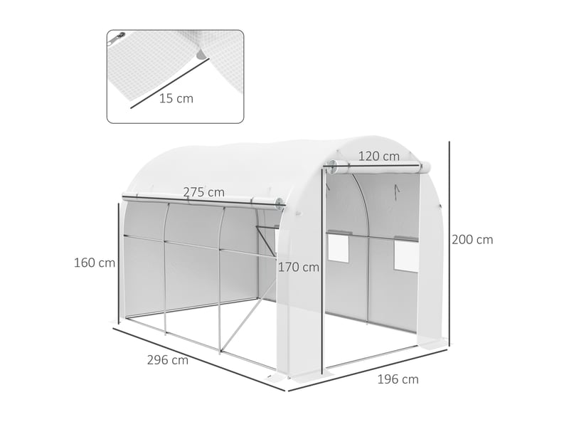  Serre de jardin 6 m² dim. 3 x 2 m avec 1 porte + 2 parois latérales zippées enroulables, 6 fenêtres, blanc  - Conforama E