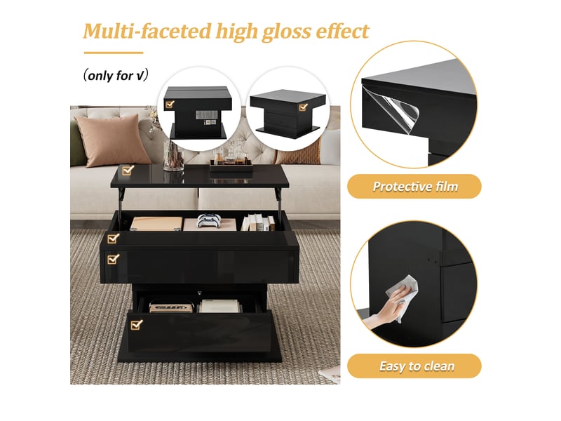  Table basse 70x70x45 cm avec plateau pivotant et rangement, aggloméré, noir  - Conforama D