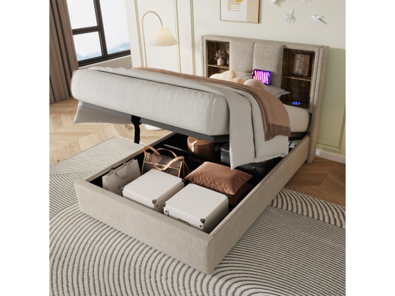 Lit simple 90x200 cm en lin naturel avec rangement intégré, chargeur sans fil et ports usb-c  - Conforama R