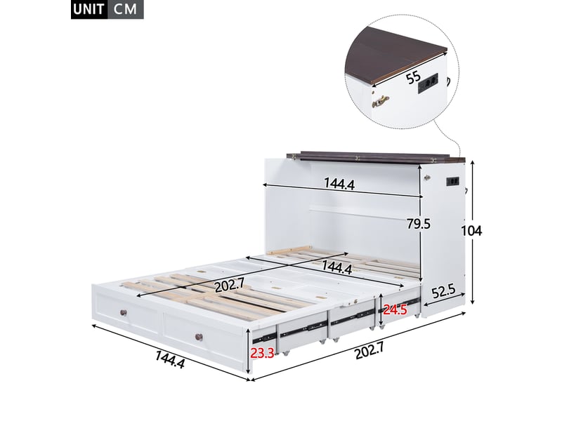  Lit escamotable 140 x 200 cm blanc avec tiroir, étagère, prise et usb  - Conforama E