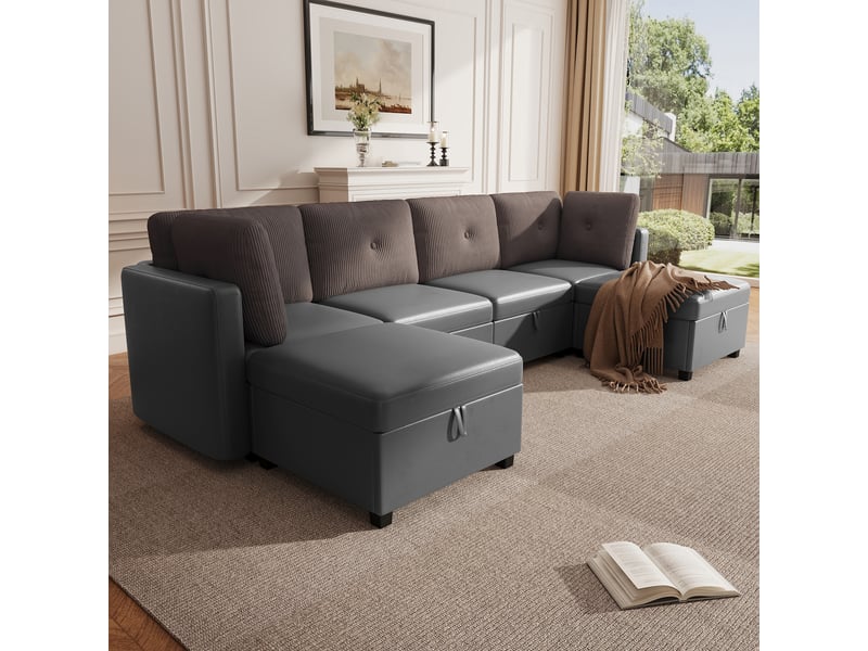 Canapé modulable en u 6 places, canapé d'angle gris antique avec coffre de rangement, velours et velours côtelé (261x132.5cm) - Conforama C