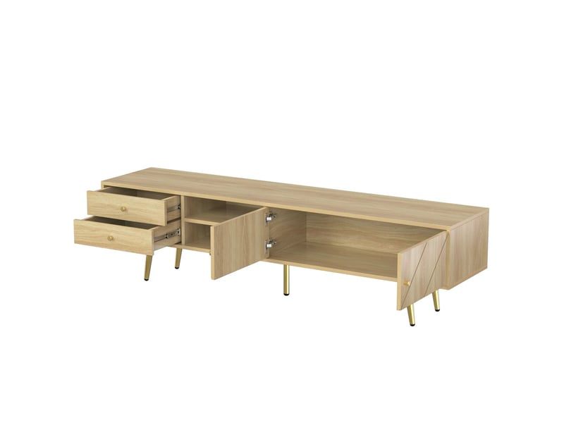  Meuble tv 160cm, pieds dorés avec deux tiroirs et portes à design unique meuble tv avec rangement  - Conforama A