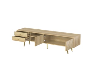 Meuble tv 160cm, pieds dorés avec deux tiroirs et portes à design unique meuble tv avec rangement