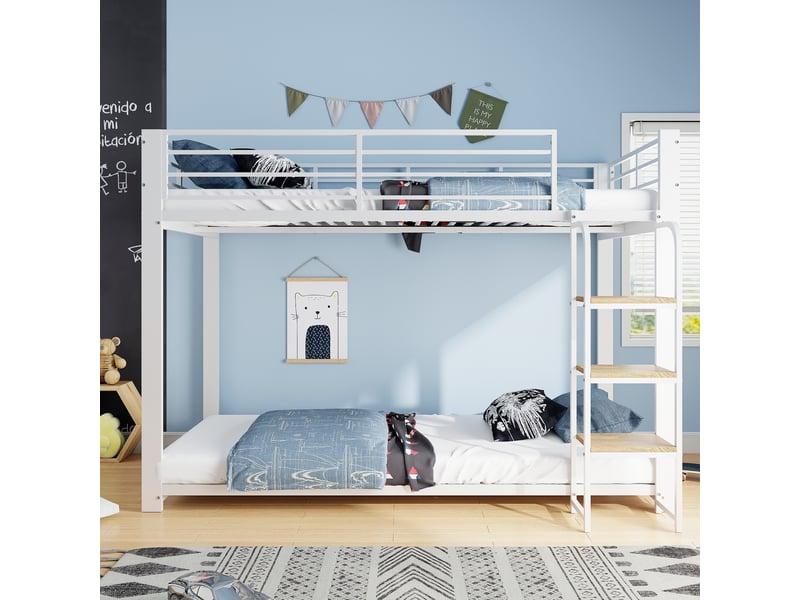  Lit superposé métal blanc 90x200 cm avec échelle étagère en bois et sécurité  - Conforama B