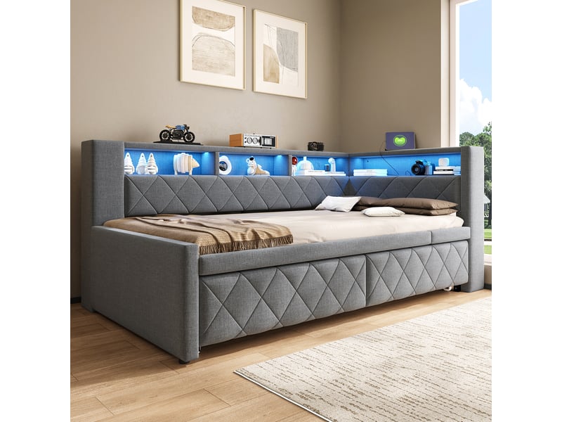  Lit banquette extensible 90 x 200 cm en lit double 180 x 200 cm avec led multicolore, ports usbusb-c et revêtement en lin gris sans matelas  - Conforama C