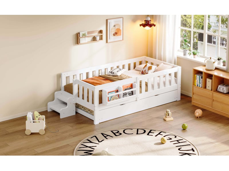  Lit gigogne enfant 90x200 cm avec couchage 90x190 cm, bibliothèque latérale, lit simple escalier à 2 marches, barrières de sécurité, bois, blanc Morn Vibe - Conforama E