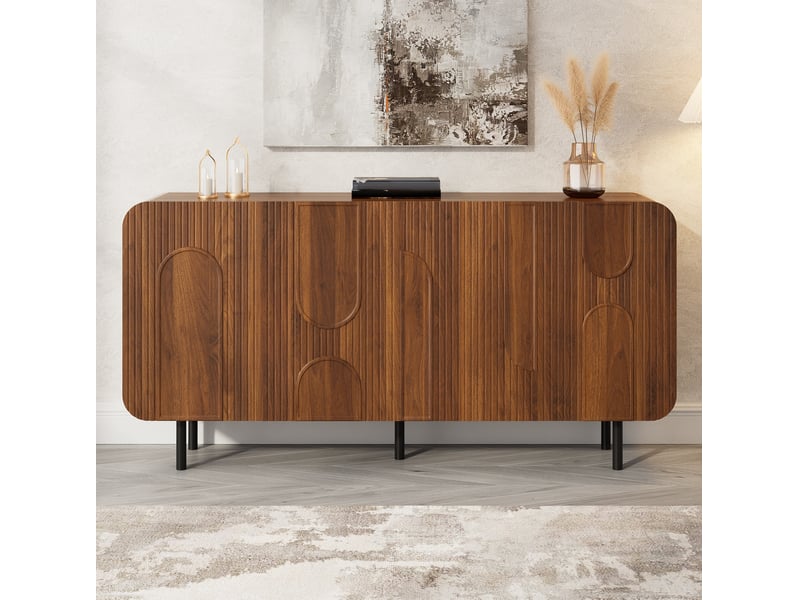  Buffet mid-century 160x40x79 cm – bois foncé – 4 portes, 8 compartiments, rangement modulable  - Conforama E