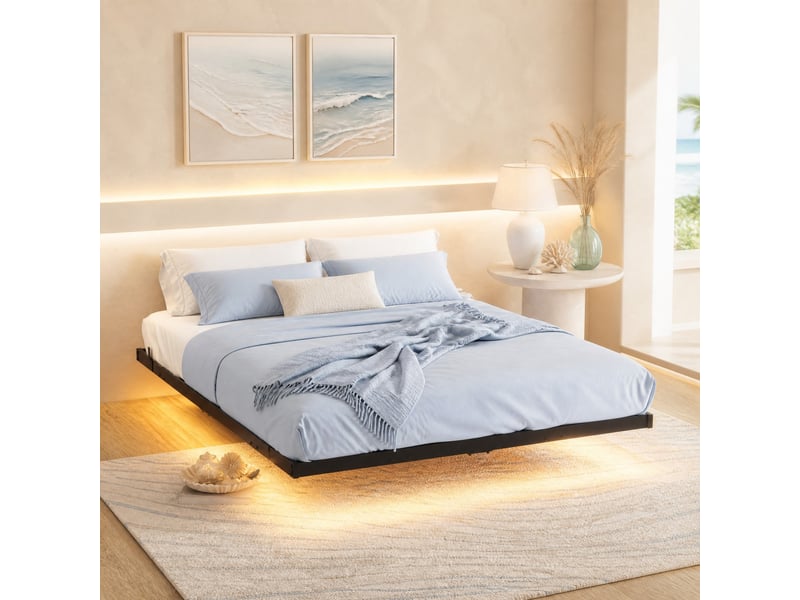  Cadre à lattes 120x200 cm en métal noir avec led, station de charge et cadre flottant  - Conforama B