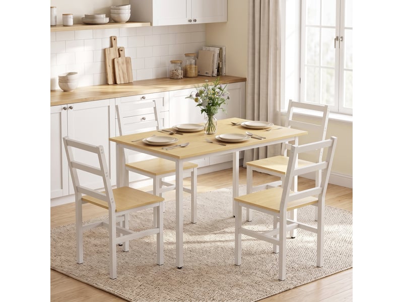  Ensemble table salle à manger avec 4 chaises, table rectangulaire 108 cm, chaises à dossier à lattes, chêne et blanc  - Conforama D