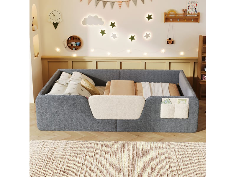  Lit enfant rembourré 140x190 cm avec barrières amovibles gris  - Conforama E