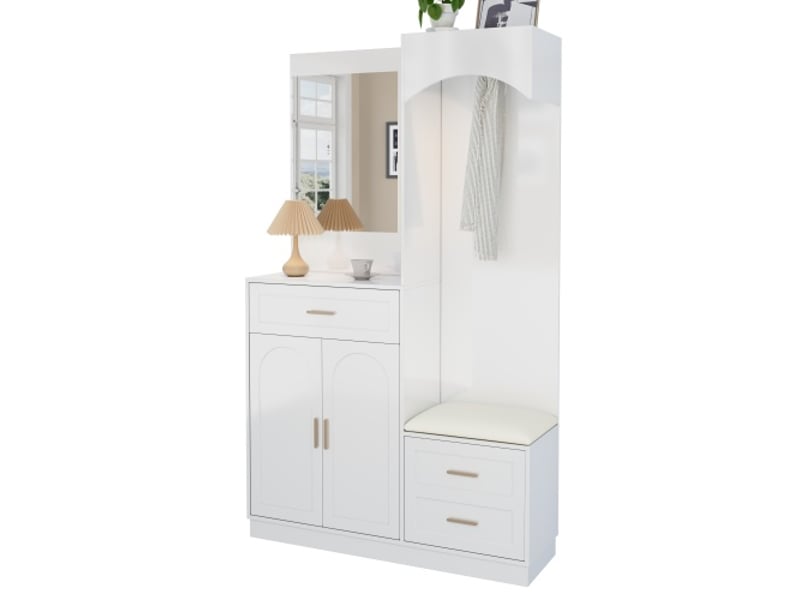  Garde-robe moderne et compacte: armoire et meuble à chaussures avec miroir, rangement d'entrée multifonction  - Conforama A