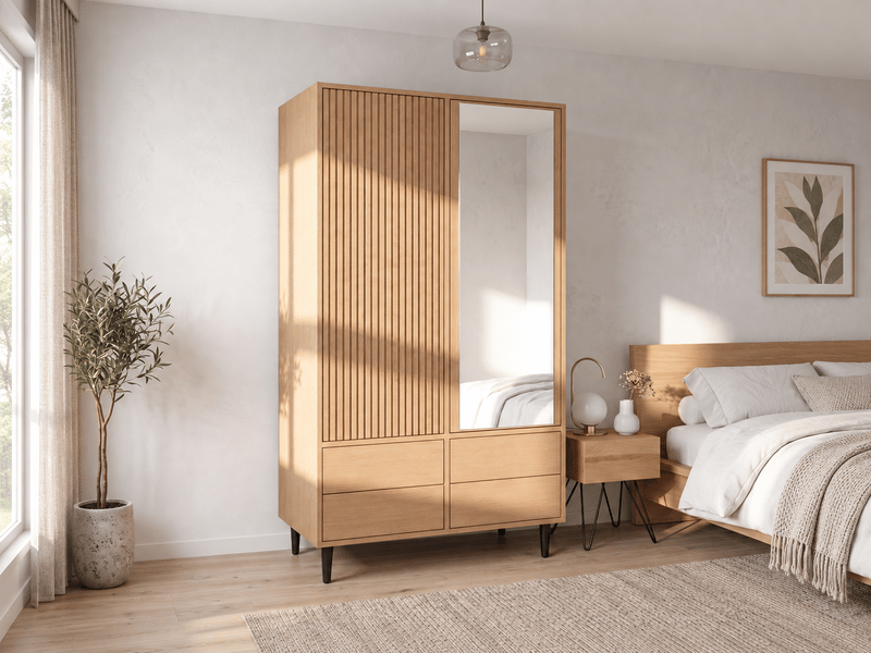  Armoire 2 portes battantes avec miroir, 4 tiroirs, penderie et façade rainurée, 90 × 45 × 200 cm, effet chêne naturel  - Conforama B