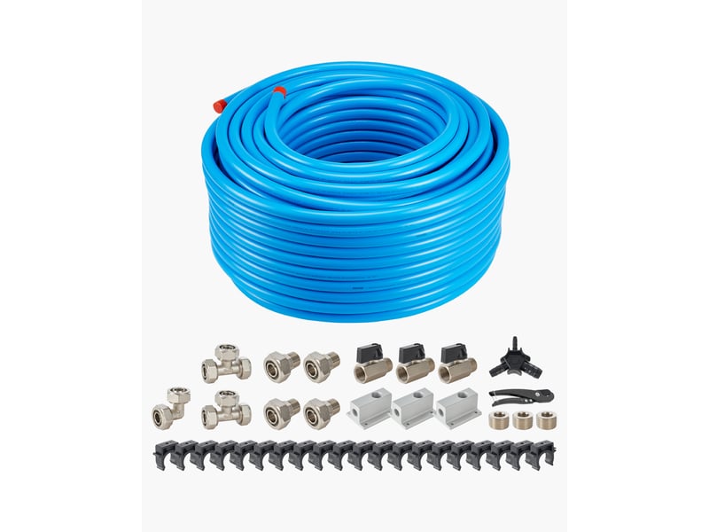Vevor kit conduite de compresseur deair, 91,44 m x 19,05 mm, systeme de tuyauterie deair comprime en pehd aluminium, etanche, facile a installer, kit tubes deair comprime pour garages, ateliers, bleu  - Conforama A
