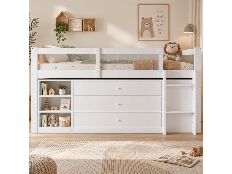  Lit mi-hauteur enfant 90x200 cm avec 3 tiroirs et rangements, blanc, sans matelas  - Conforama B