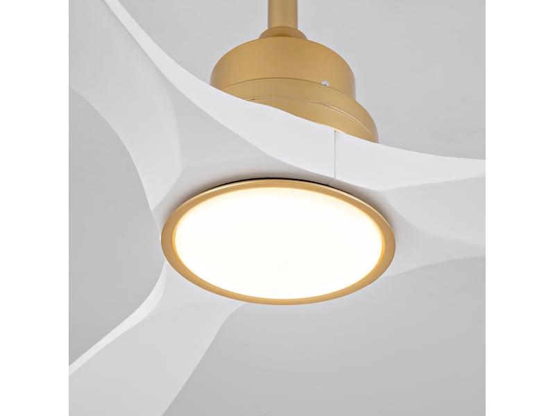 Ventilateur de plafond 52 pouces avec led, télécommande, 3 pales en bois blanc et métal doré, réversible silencieux - Conforama D