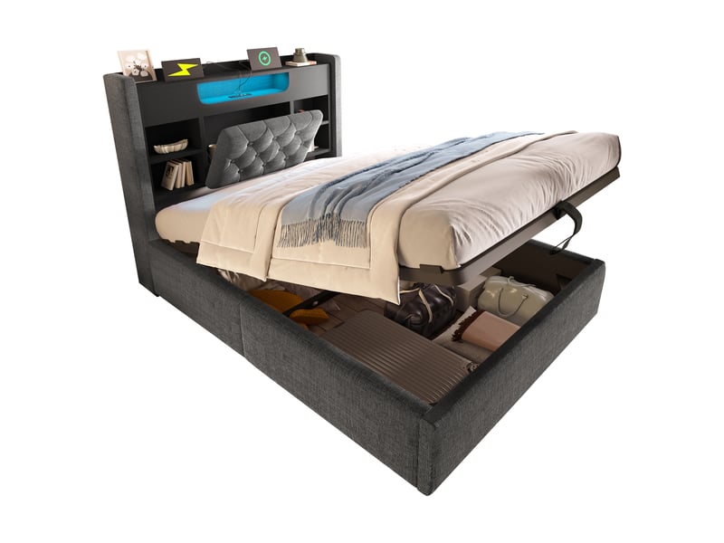 Lit coffre 90x200 gris en lin, led, usb et usb-c, tête de lit avec rangements  - Conforama A