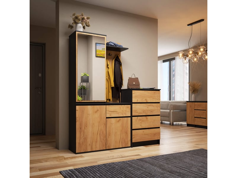  Ensemble de meubles d'entrée entro noir, chêne craft avec armoire et miroir 95 cm 3 portes 1 tiroir 7 étagères 95x35x183 cm Ensemble d'entrée ENTRO - Conforama E