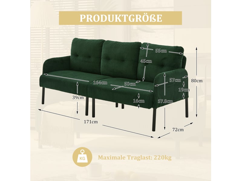  Canapé 3 places 171x72x80 cm en velours côtelé vert émeraude avec poche latérale  - Conforama C