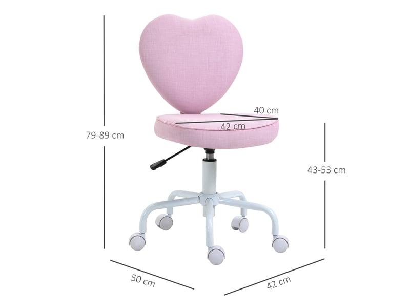  Chaise de bureau en forme de cœur avec 5 roulettes et hauteur réglable, en tissu rose, 42 x 50 x 79-89 cm  - Conforama E