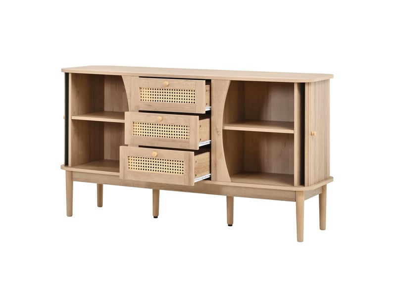  Buffet bas 141 x 40 x 77 cm – naturel – 3 tiroirs en rotin, portes coulissantes et étagères réglables  - Conforama D