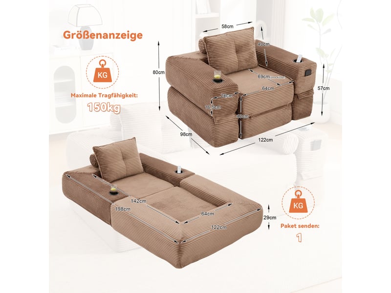 Canapé convertible 2 places en velours côtelé marron avec dossier en mousse à mémoire de forme - Conforama C