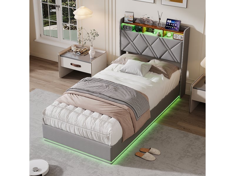  Lit coffre hydraulique 90 x 200 cm-gris foncé - lit simple rembourré en lin avec tête de lit de rangement, led et têtes de clous  - Conforama E