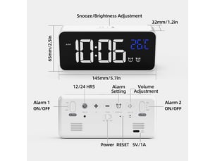 Réveil numérique avec grand affichage de la température led, alarme de miroir portable avec double alarme roupillon temps gradateur(blanc)