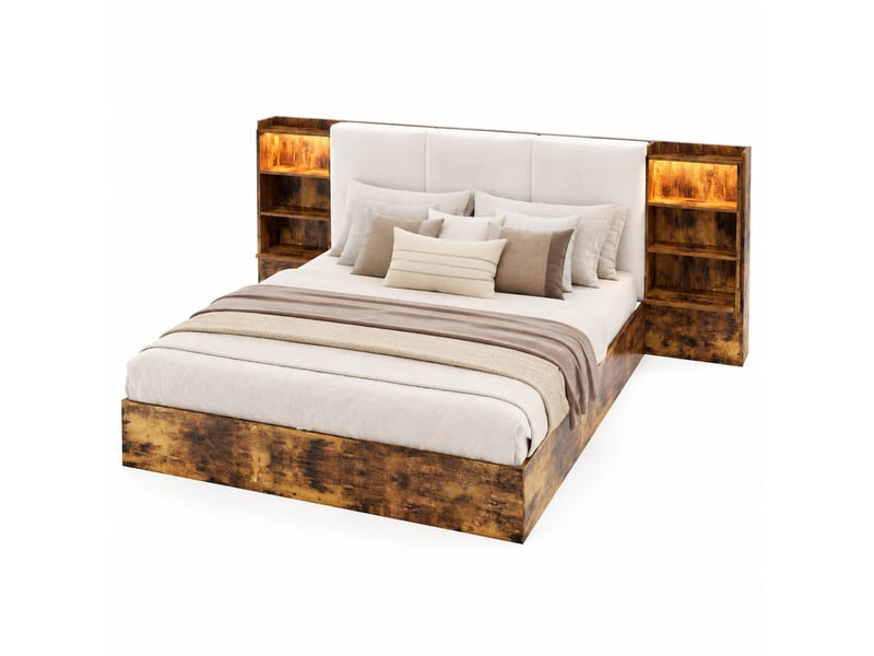 Lit double 180 × 200 cm avec rangement hydraulique, tête de lit rembourrée, 6 niches et éclairage led marron - Conforama A