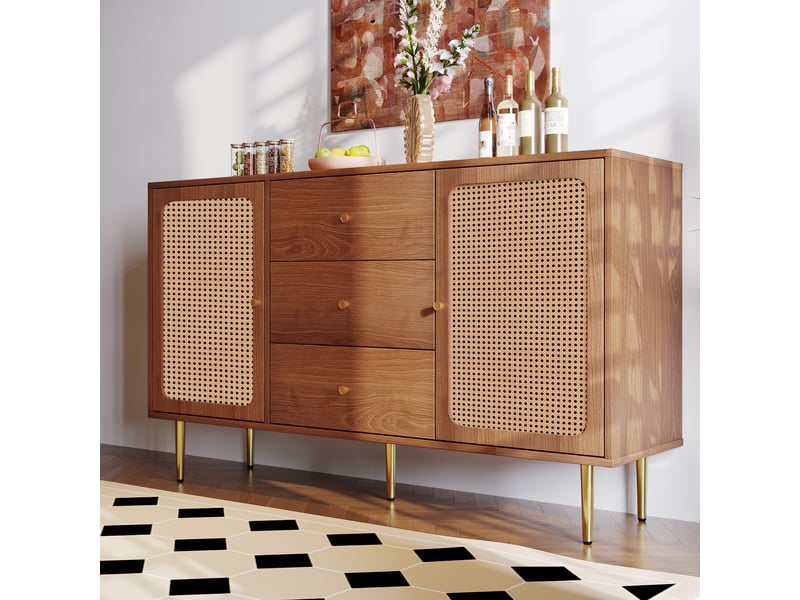  Buffet en rotin 150cm - finition noyer - 2 portes + 3 tiroirs -  poignées dorées &amp; étagères réglables - pour salon et chambre bois foncé - Conforama A