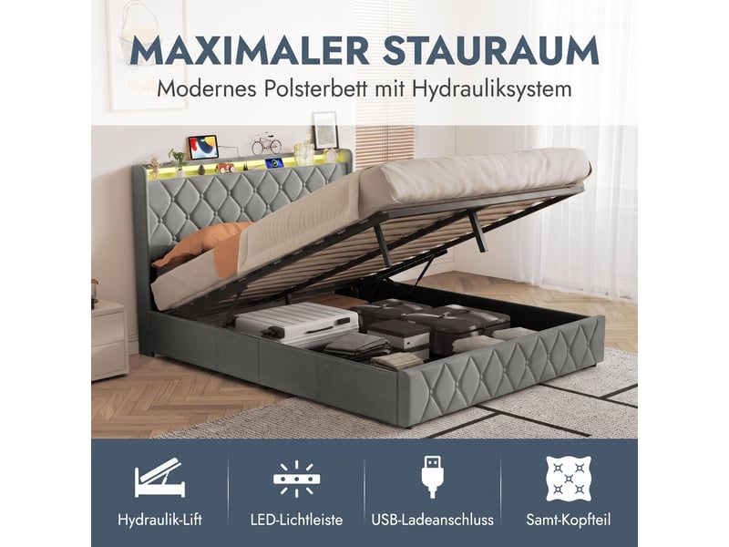  Lit double 160×200 cm  –  lit coffre – rangement hydraulique xxl – éclairage led rgb – port usbtype‑c  –  velours gris  - Conforama D