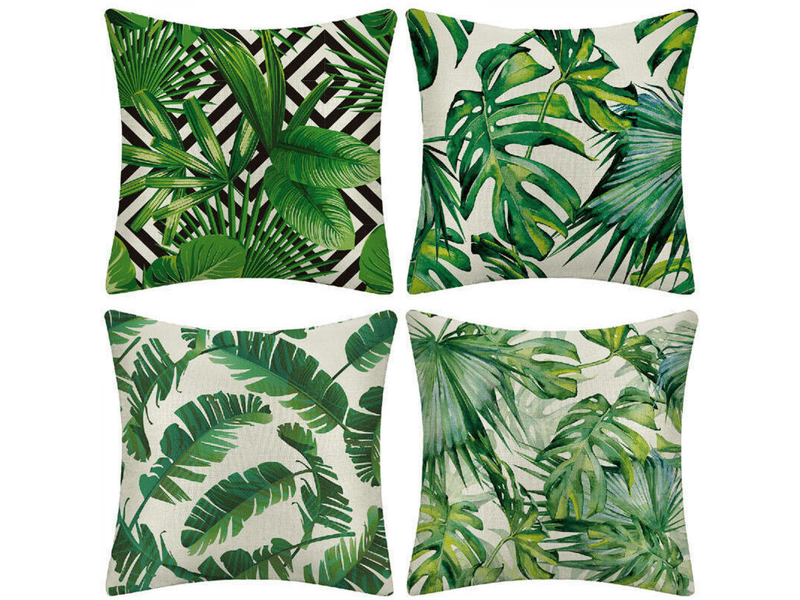  Lot de 4 housse de coussin - 45 x 45 cm, housses de coussin d'extérieur, lot de 4 housses de coussin imperméables à plantes tropicales vertes  - Conforama A