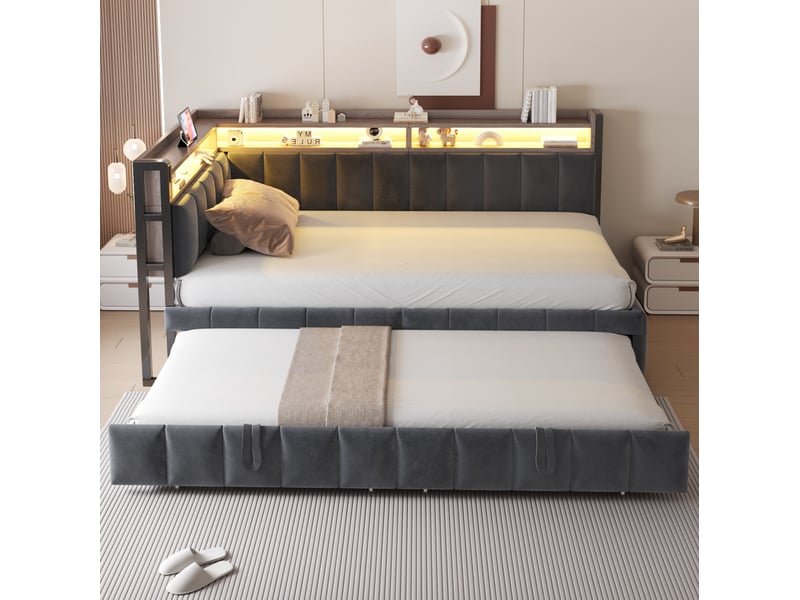  Lit gigogne 90x200 cm en velours gris foncé, canapé avec led réglable, usb, type-c et rangements, sans matelas  - Conforama E