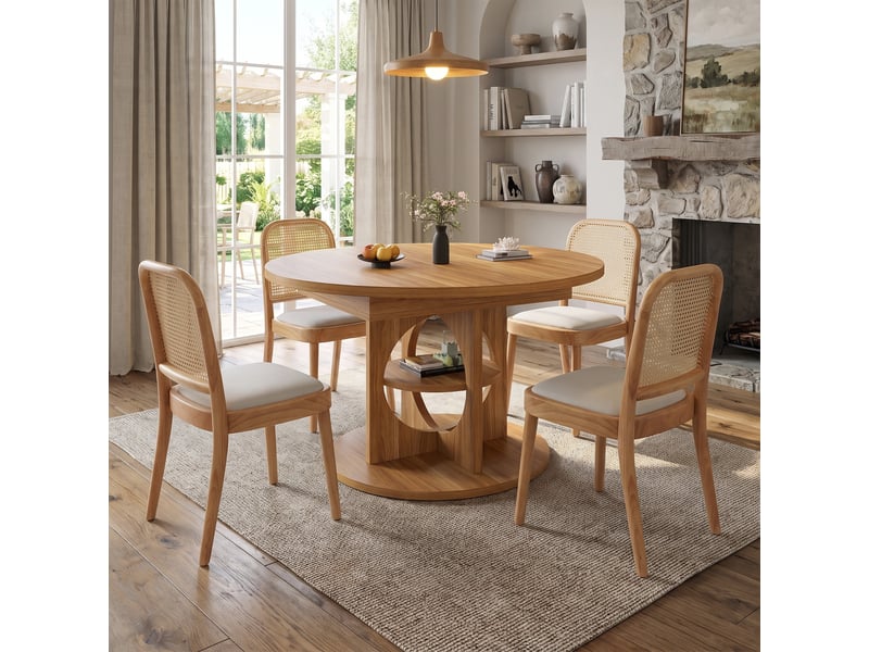 Ensemble table à manger extensible 110–150 cm + 6 chaises en bois massif et rotin – style moderne, pour salle à manger, salon ou café - Conforama R