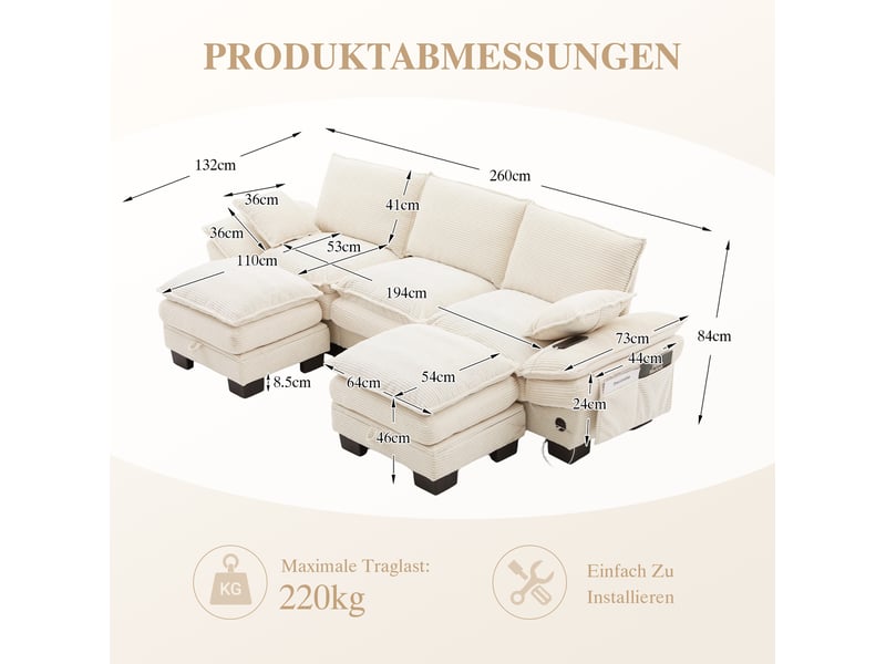 Canapé modulable 3 places en velours côtelé beige avec 2 poufs et usb-c - Conforama C